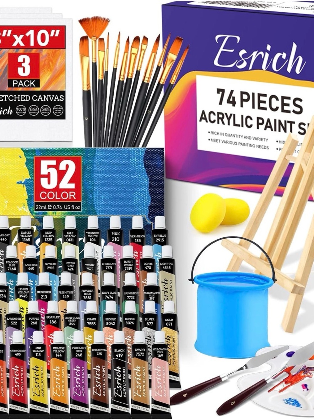 74-Piece Acrylic Paint Set with 52 Colors palette, easel, brush, bucket & more